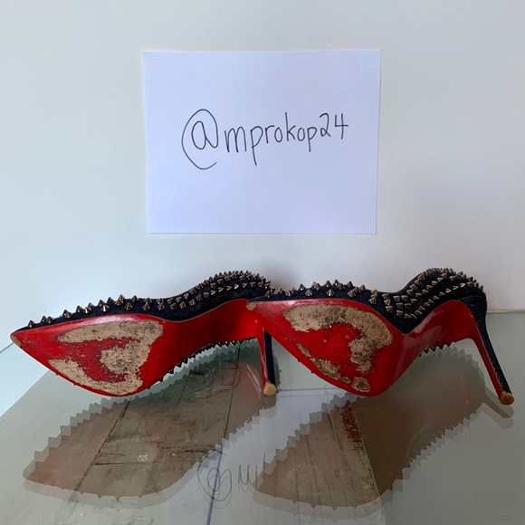 Christian Louboutin Blue Follies Spike Denim Pumps - Picture 5 of 5